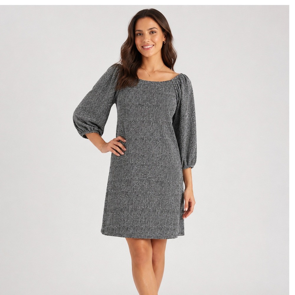 Robbie Bee Womens Black White Textured Square Neck Puff Sleeve Knit Dress M NEW